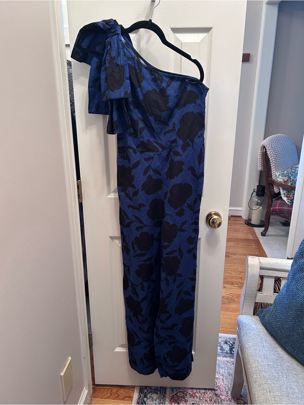 Kate Spade Blue/Black Print One-Shoulder Linen Jumpsuit w/Side Zipper. Size 2.